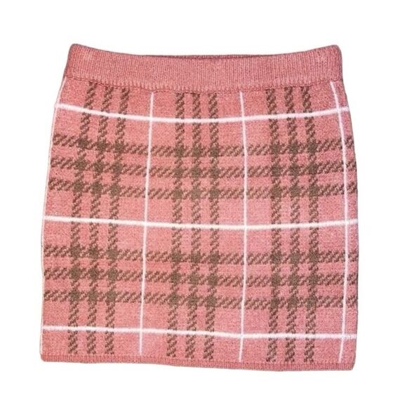 En Saison Sz Small Pink Brown White Plaid Print Mini Stretch Pull On Knit Skirt - Picture 1 of 7